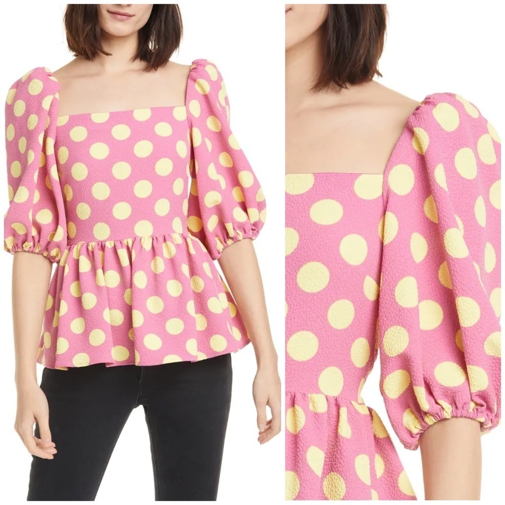 STINE Goya Irene Puff Sleeve Polka Dot Square Neckline Blouse in Pink and Yellow